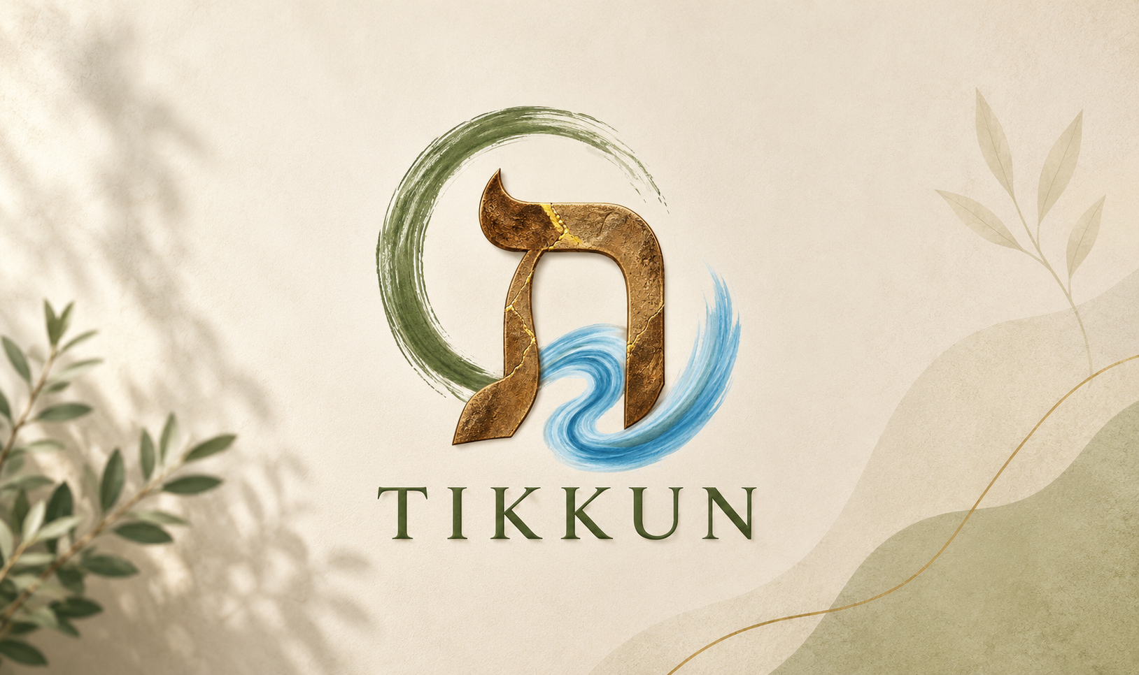 Logo maestro de TIKKUN: letra hebrea Tav en bronce con trazos en verde y azul